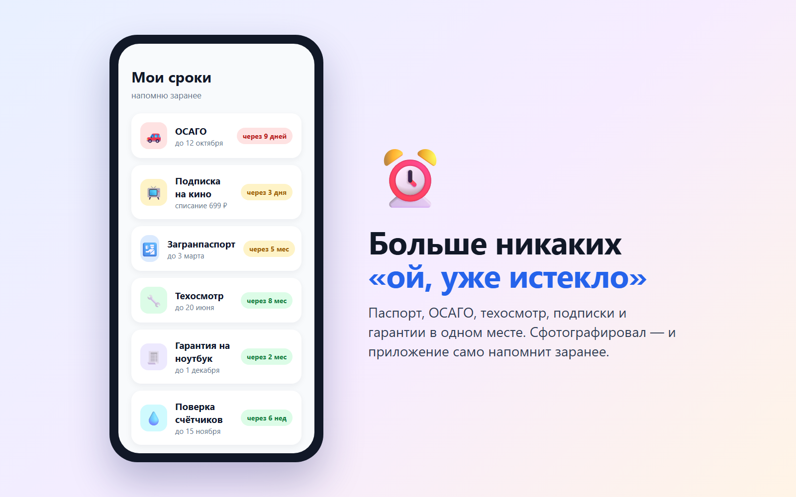 Напоминалка о сроках документов и подписок